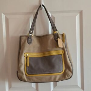 Coach Tan and Gray Shoulder Bag with Yellow Accents